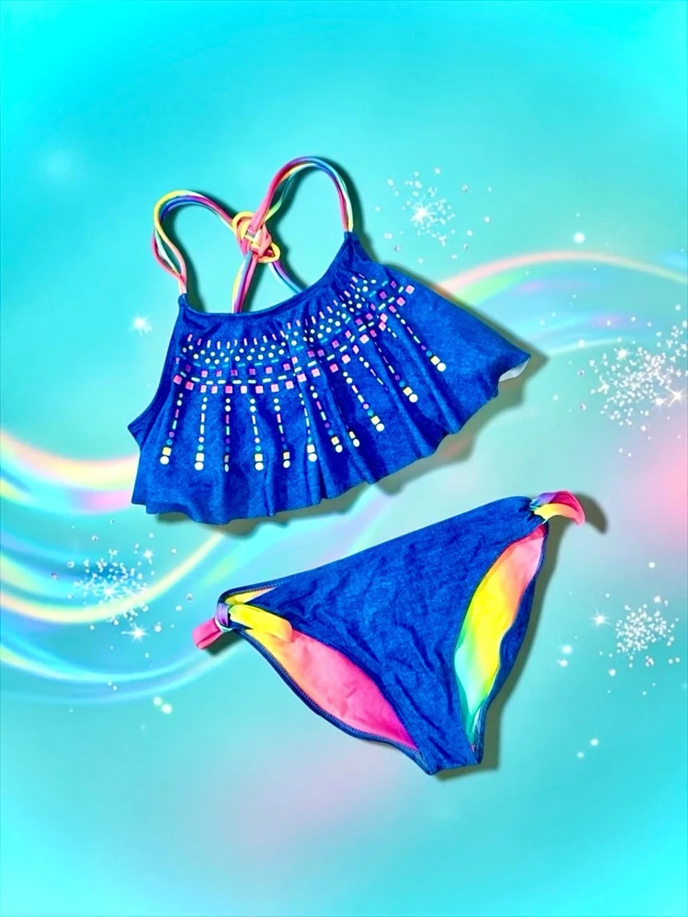 Wonder Nation Girls Rainbow Swimsuit Denim Blue 2‑Piece XL (14–16) EUC